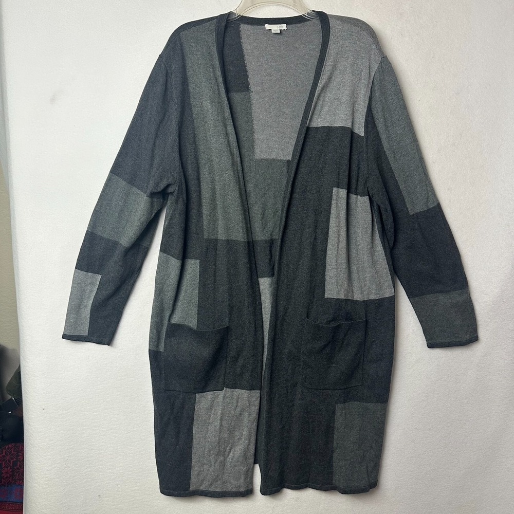 J. Jill XL Colorblock Patchwork Longline Open Front Cardigan Sweater Gray Knit
